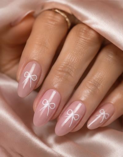 Coquette Bows manicure inspiration on a real hand