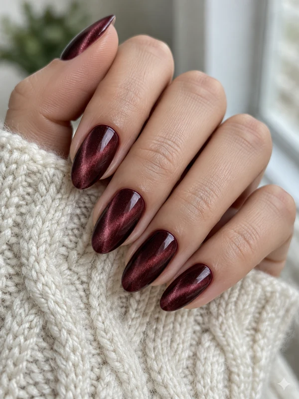Burgundy Velvet: Deep burgundy velvet-effect magnetic gel with a soft shimmer.
