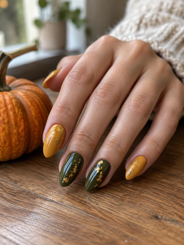 Gold Leaf Mustard: Mustard yellow and deep olive nails with delicate gold foil flakes.