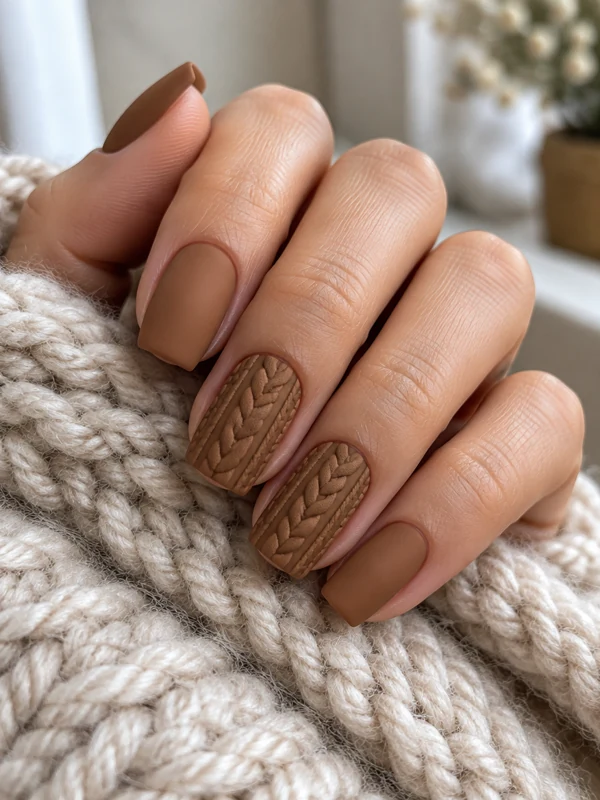 Sweater Knit: Matte caramel nails with raised cable-knit sweater texture on two accent nails.