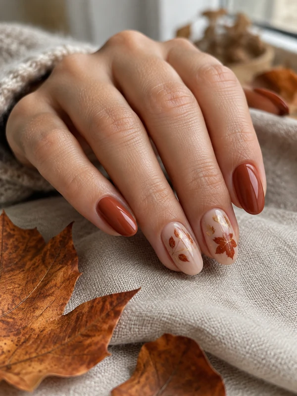 Terracotta Leaf: Terracotta and warm nude nails with tiny hand-painted autumn leaf accents in rust and gold.