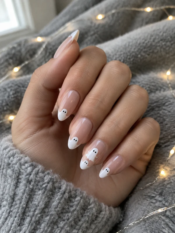 Ghost French: Milky nude base with tiny cute white ghost art on the tips and one accent nail.