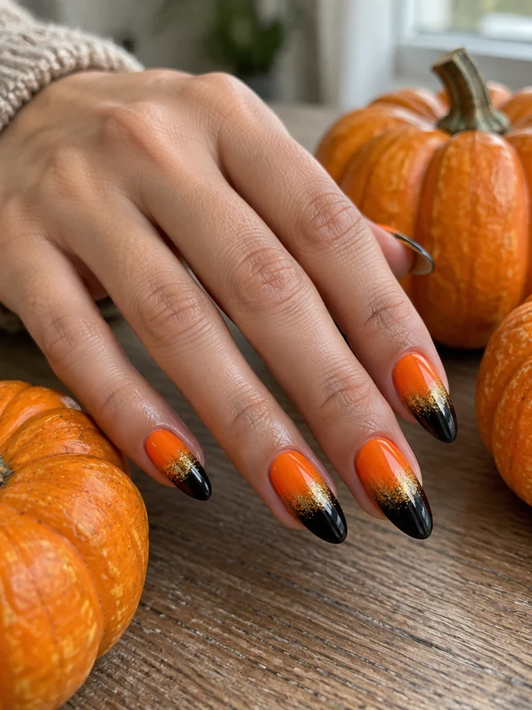 Pumpkin Ombre: Orange to black ombre with fine gold glitter where the colors meet.