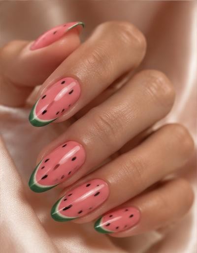 Watermelon Pop manicure inspiration on a real hand